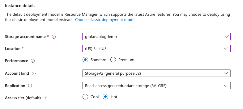 Grafana Azure Storage Account